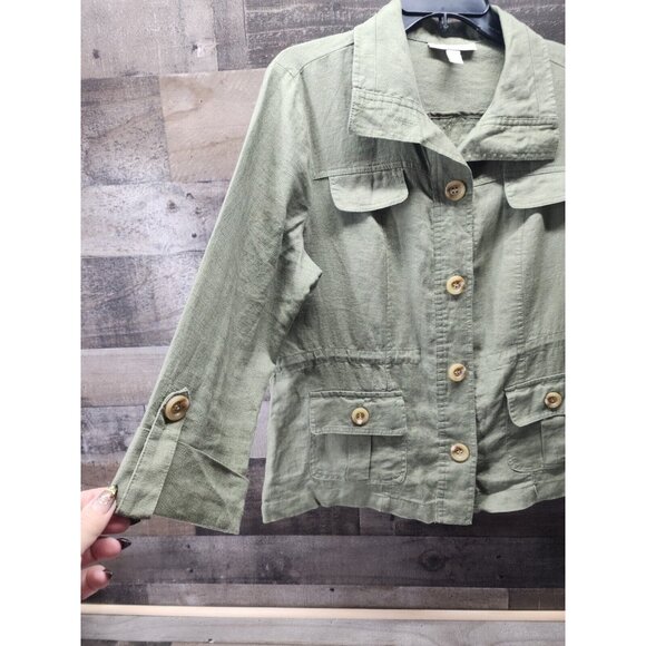 JM Collection Women's 12P 100% Linen Safari Button up Military Jacket Olive - Picture 3 of 9